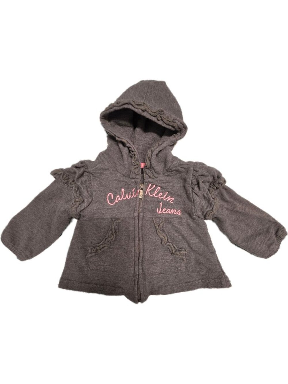 Calvin Klein Jeans Baby Girls Gray Ruffle Zip Hoodie Sweatshirt Jacket 12M